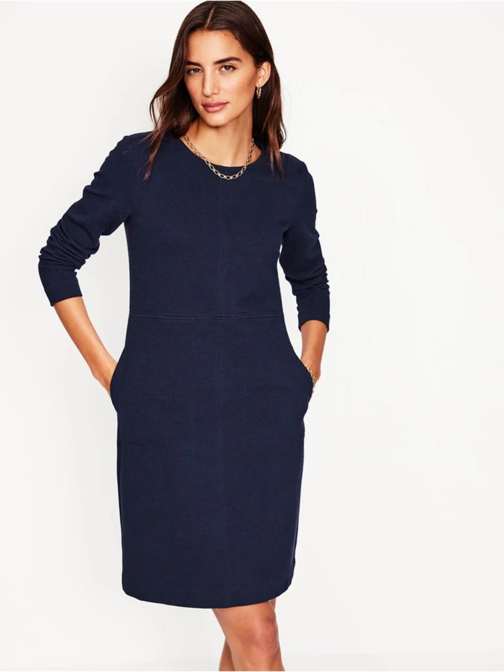 Boden Sz 14 Shift Navy Classic Minimalist Cotton Long Sleeves Modest Dress